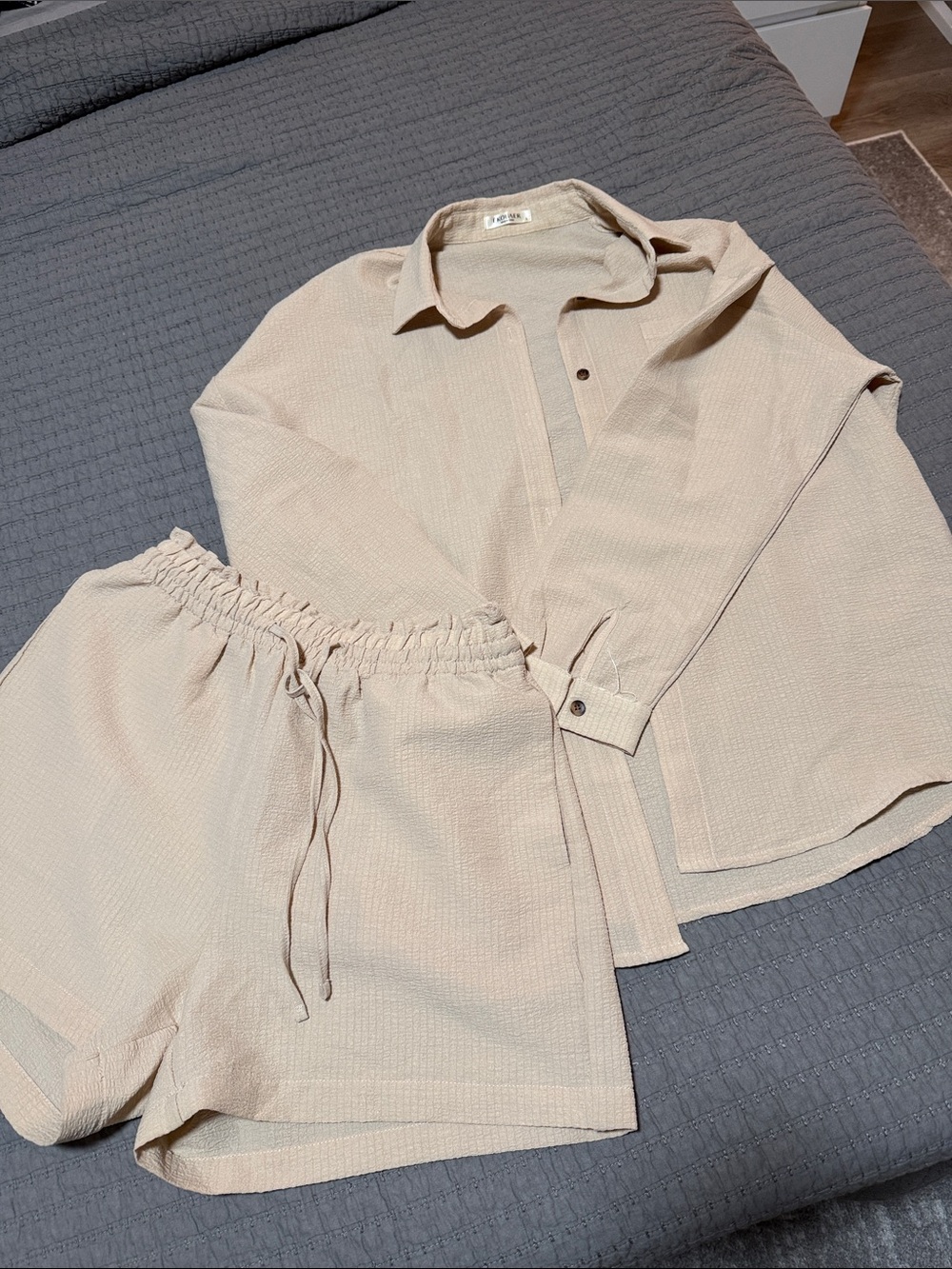 Neutral Beige Two-Piece Loungewear Set - Button Shirt & Drawstring Shorts